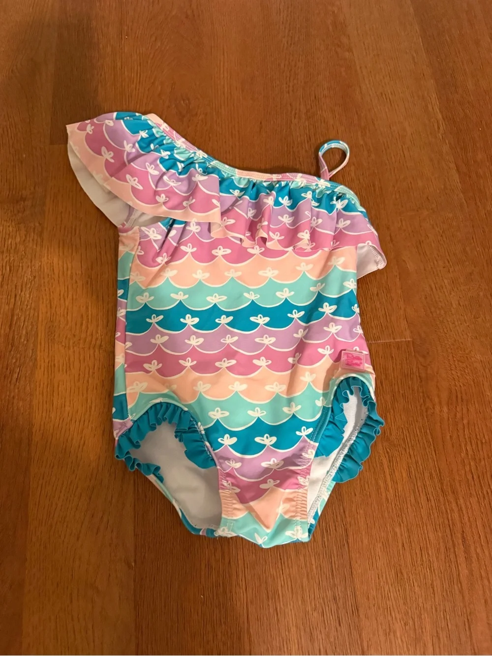 RuffleButts Pastel Mermaid Scale One-Shoulder Ruffle Swimsuit - Size 2T